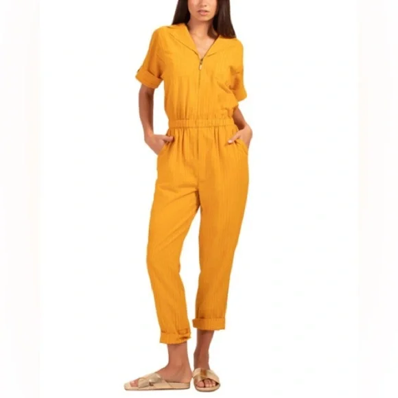 Trina Turk Evenfall Jumpsuit Honey Mustard Yellow Short Sleeve Cropped Size XS - Picture 3 of 11
